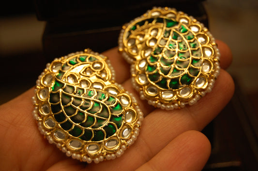 GREEN KUNDAN & MEENA PAISLEY EARRINGS