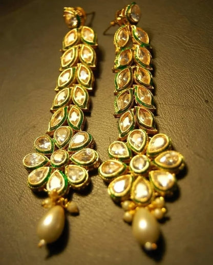 LONG KUNDAN FLORAL EARRINGS WITH WHITE PEARL