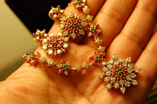 SOUTH INDIAN NECKLACE SET IN RED, GREEN & ZIRCON