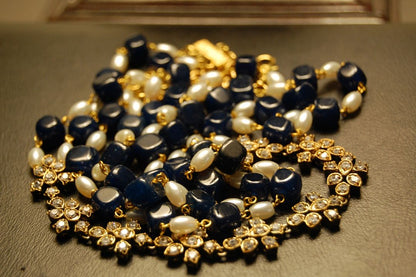 PEARL & BLUE MALA WITH ZIRCON STRING