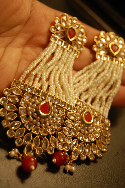 JHOOMAR STYLE EARRINGS IN KUNDAN & PEARLS & RED