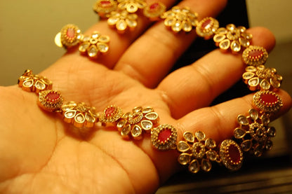 SOUTH INDIAN NECKLACE SET IN RED & ZIRCON