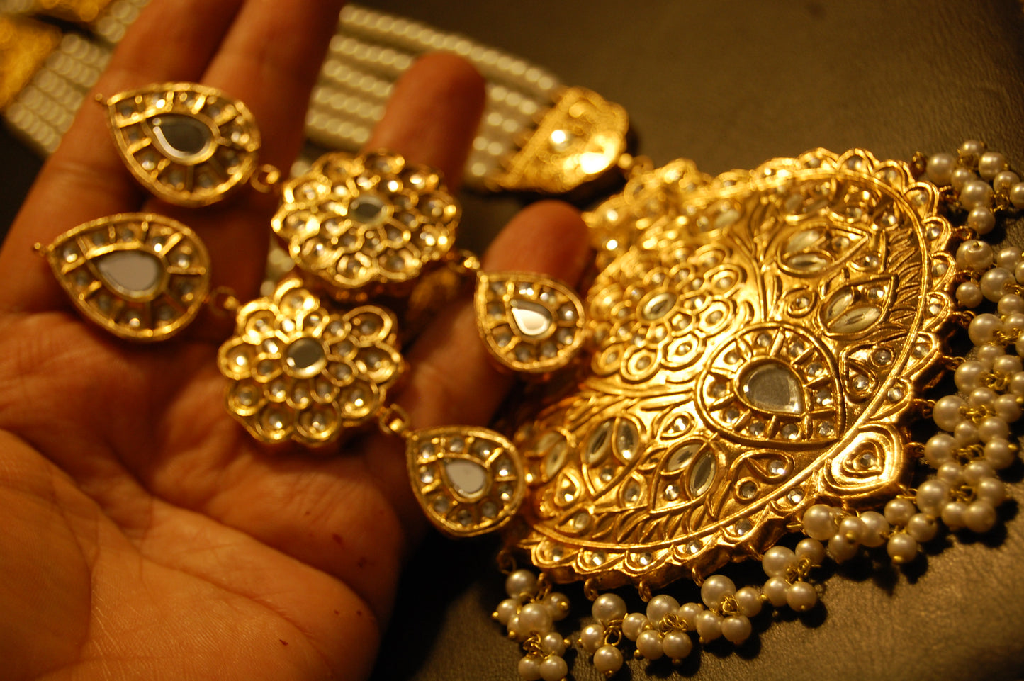 ELEGANT LONG KUNDAN,  PEARLS MALA & EARRINGS SET