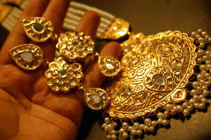 ELEGANT LONG KUNDAN,  PEARLS MALA & EARRINGS SET