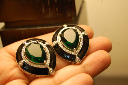 GREEN EARRINGS WITH BLACK MEENA & ZIRCONS
