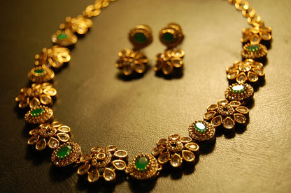 SOUTH INDIAN NECKLACE SET IN GREEN & ZIRCON