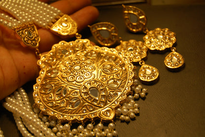 ELEGANT LONG KUNDAN,  PEARLS MALA & EARRINGS SET