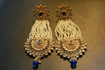 BLUE JHOOMAR STYLE EARRINGS IN KUNDAN & PEARLS
