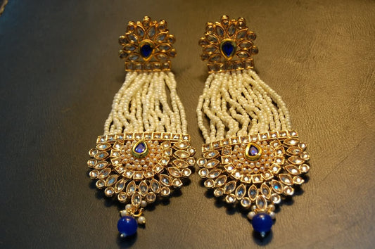 BLUE JHOOMAR STYLE EARRINGS IN KUNDAN & PEARLS
