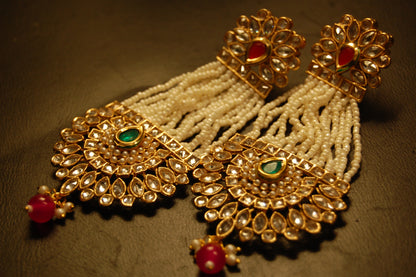 JHOOMAR STYLE EARRINGS IN KUNDAN, PEARLS, RED & GREEN