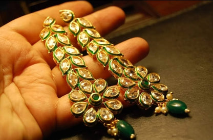 LONG KUNDAN FLORAL EARRINGS WITH GREEN