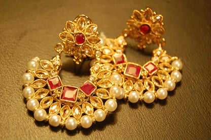 CHAAND BALIS IN PEARLS, RED & CHAMPAGNE