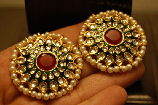 GREEN MEENA EARRINGS WITH KUNDAN & RED STONES