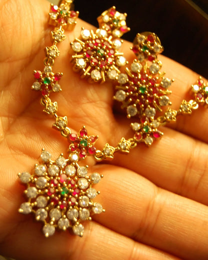 SOUTH INDIAN NECKLACE SET IN RED, GREEN & ZIRCON