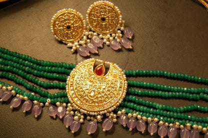 ELEGANT GREEN & KUNDAN CHOKER SET WITH LILAC DROPS & RED STONES