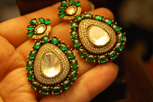 GREEN POLKI KUNDAN EARRINGS