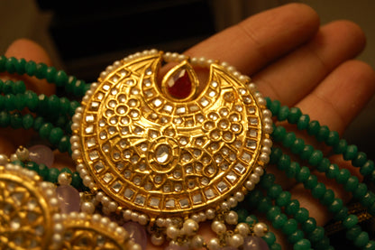 ELEGANT GREEN & KUNDAN CHOKER SET WITH LILAC DROPS & RED STONES
