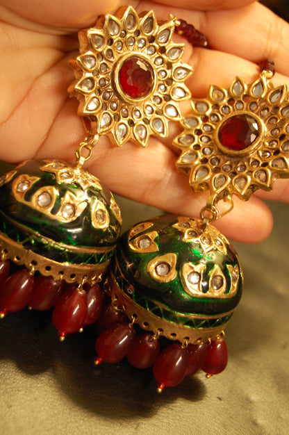 GREEN MEENA & RED KUNDAN JHUMKAS