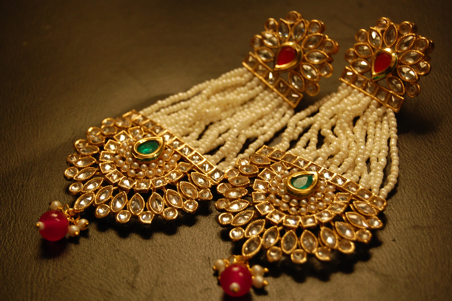 JHOOMAR STYLE EARRINGS IN KUNDAN, PEARLS, RED & GREEN