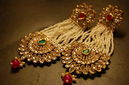 JHOOMAR STYLE EARRINGS IN KUNDAN, PEARLS, RED & GREEN
