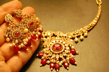 SOUTH INDIAN NECKLACE SET IN RED & ZIRCON