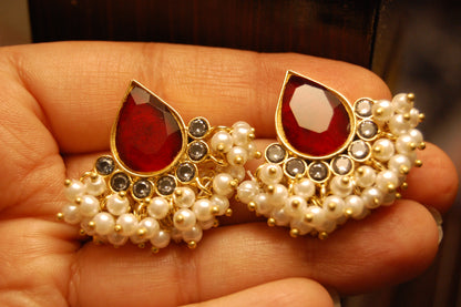 RED KUNDAN & PEARL EARRINGS