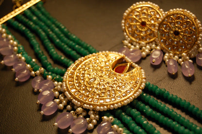 ELEGANT GREEN & KUNDAN CHOKER SET WITH LILAC DROPS & RED STONES