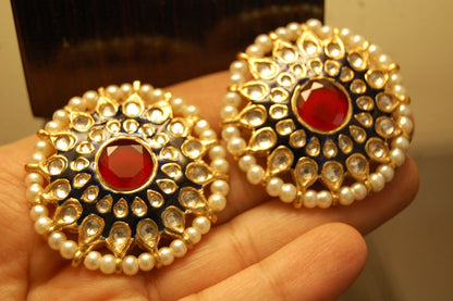 BLUE MEENA EARRINGS WITH KUNDAN & RED STONES