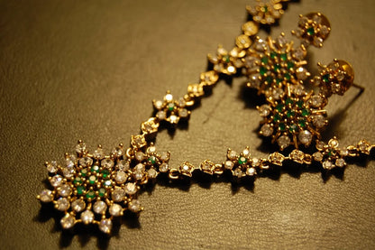 SOUTH INDIAN NECKLACE SET IN GREEN & ZIRCON