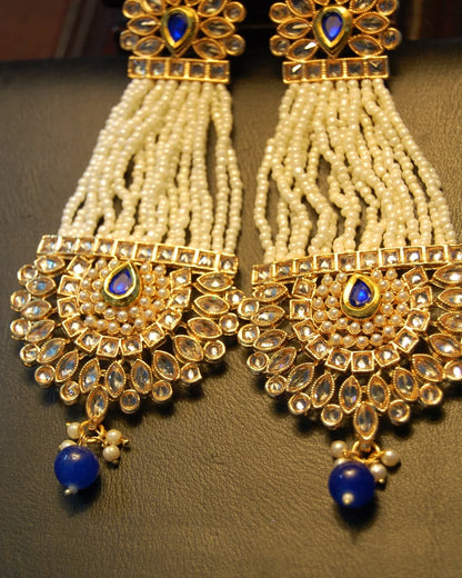 BLUE JHOOMAR STYLE EARRINGS IN KUNDAN & PEARLS
