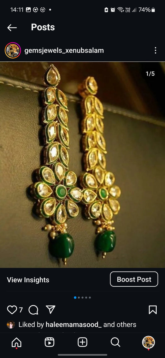 LONG KUNDAN FLORAL EARRINGS WITH GREEN