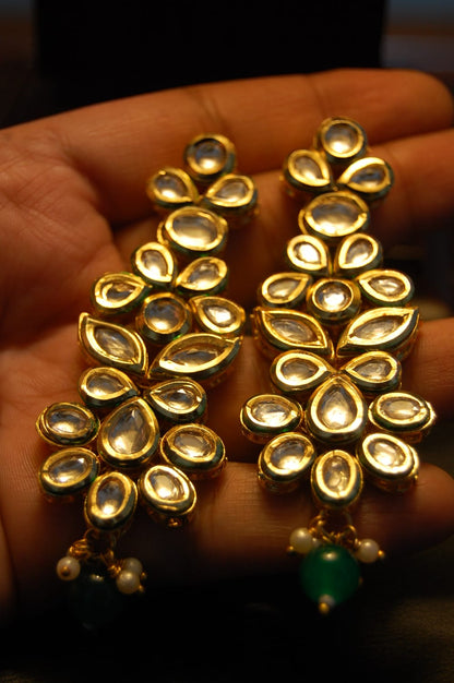 INDIAN POLKI KUNDAN EARRINGS WITH GREEN