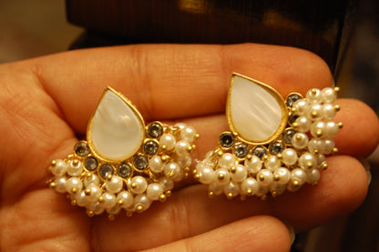 MOTHER OF PEARL KUNDAN & PEARL EARRINGS