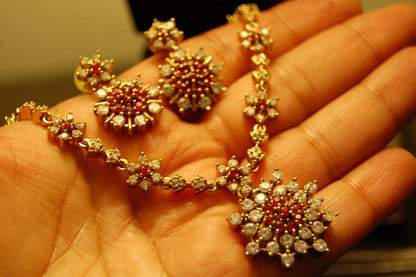 SOUTH INDIAN NECKLACE SET IN RED & ZIRCON