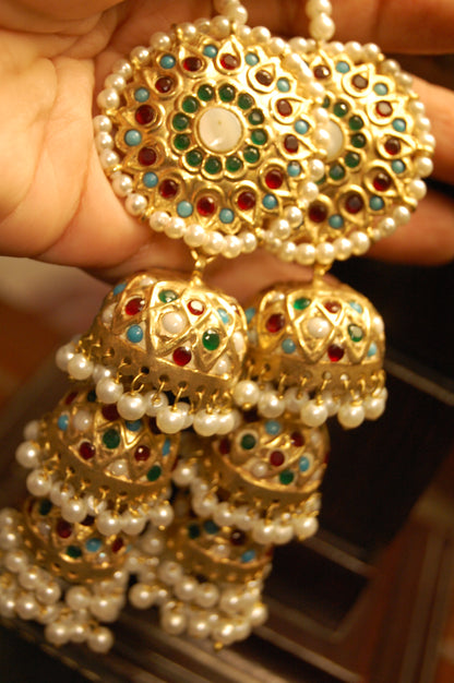 THREE LAYERED MULTI STONE JHUMKAS