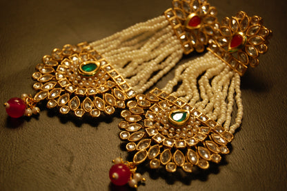 JHOOMAR STYLE EARRINGS IN KUNDAN, PEARLS, RED & GREEN