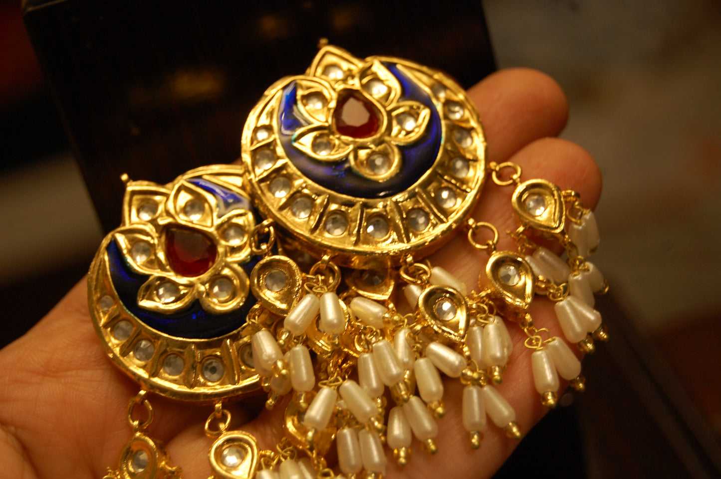 BLUE MEENA & RED STONE  EARRINGS WITH PEARLS