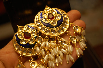 BLUE MEENA & RED STONE  EARRINGS WITH PEARLS