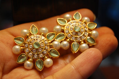 JADE GREEN, ZIRCON WITH PEARLS EARRINGS