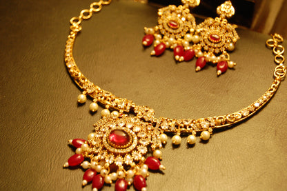 SOUTH INDIAN NECKLACE SET IN RED & ZIRCON