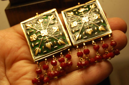GREEN MEENA EARRINGS WITH RED