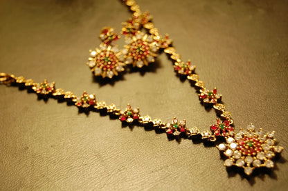 SOUTH INDIAN NECKLACE SET IN RED, GREEN & ZIRCON