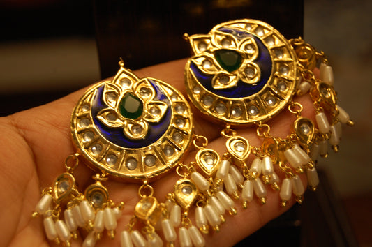 BLUE MEENA & GREEN STONE  EARRINGS WITH PEARLS