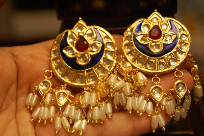 BLUE MEENA & RED STONE  EARRINGS WITH PEARLS