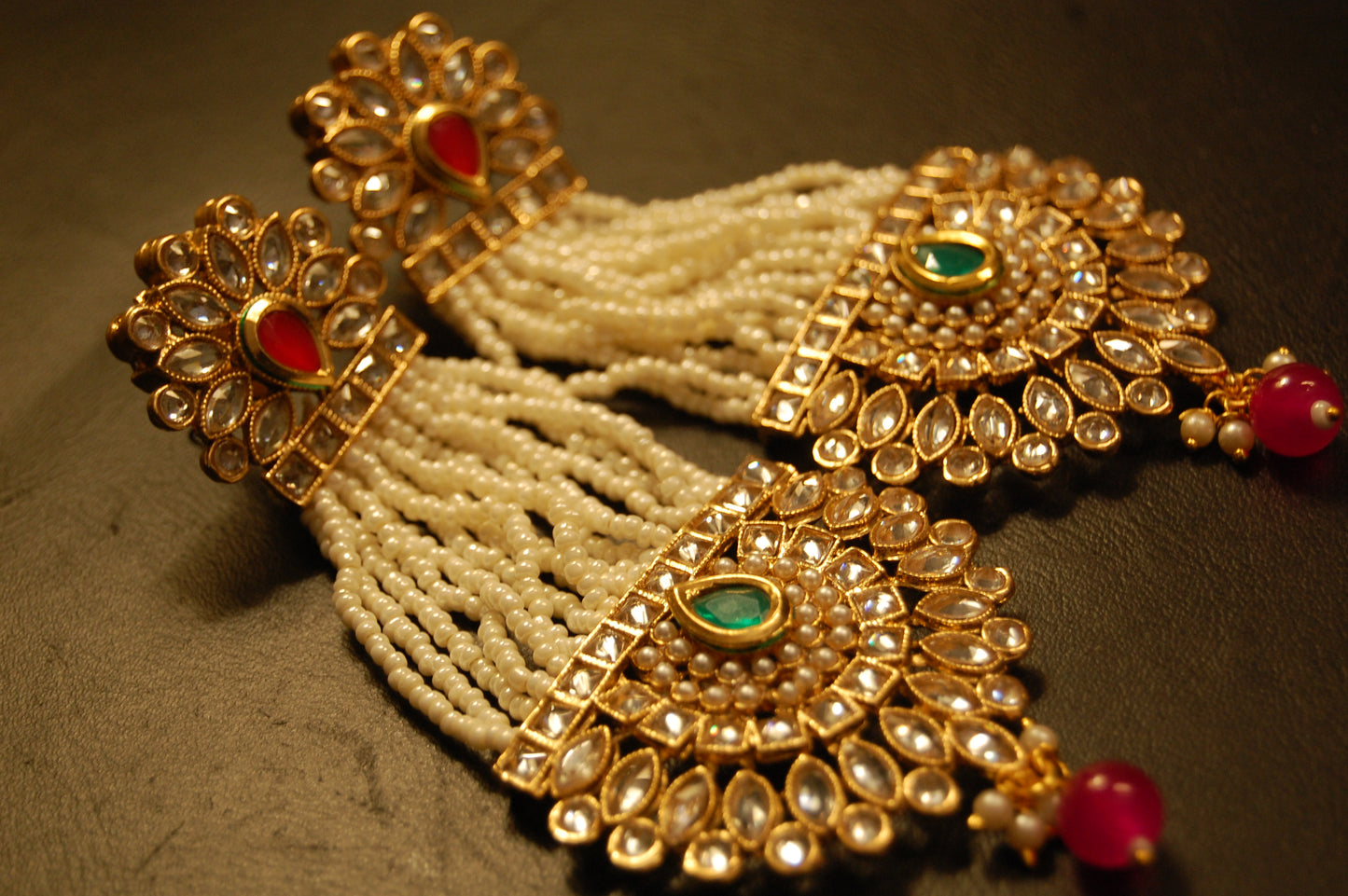 JHOOMAR STYLE EARRINGS IN KUNDAN, PEARLS, RED & GREEN