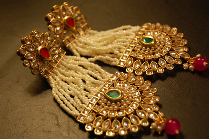 JHOOMAR STYLE EARRINGS IN KUNDAN, PEARLS, RED & GREEN