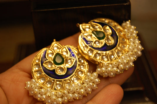 BLUE MEENA WITH BLUE STONE & PEARLS EARRINGS