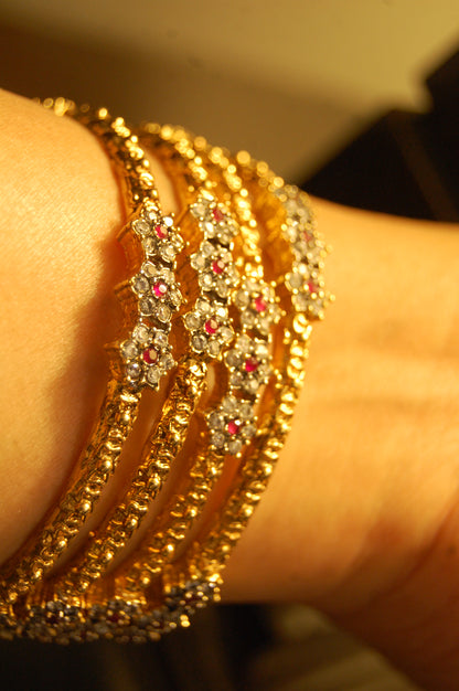 PAIR OF ELEGANT FLORAL RED & ZIRCON BANGLE