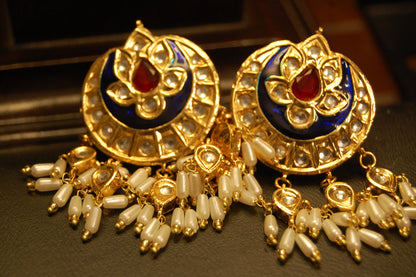 BLUE MEENA & RED STONE  EARRINGS WITH PEARLS