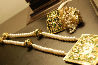 MALA & JHUMKA SET IN KUNDAN WITH GREEN MEENA